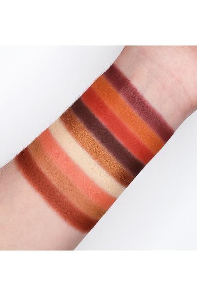 Swatches of the AUTUMN - GES15 eyeshadow palette showing 8 matte shades and 1 foiled finish on a forearm.