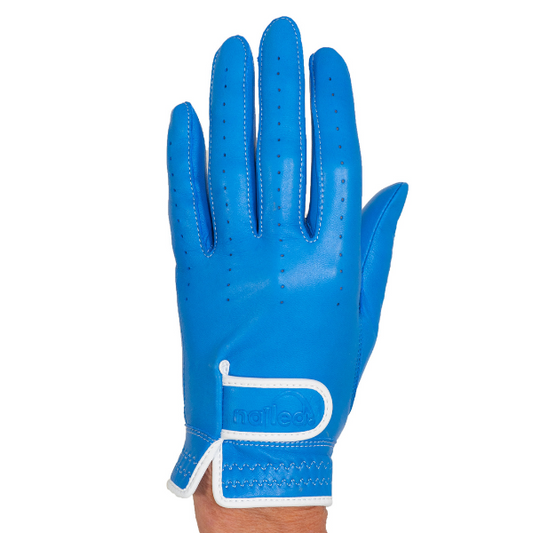 Premium Elongated Golf Gloves - Colored for women, blue design, elongated fingers for manicured nails, superior grip for better play.