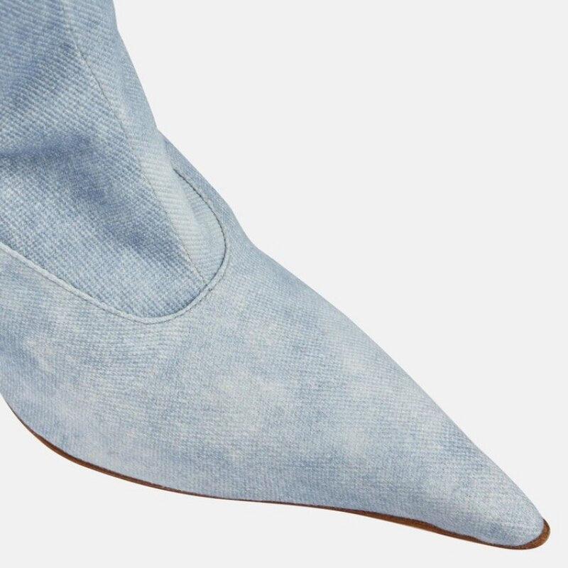 Close-up of Women's Ultra-High Heel Denim Pointed Toe Catwalk Knee Boots showcasing detailed denim texture.