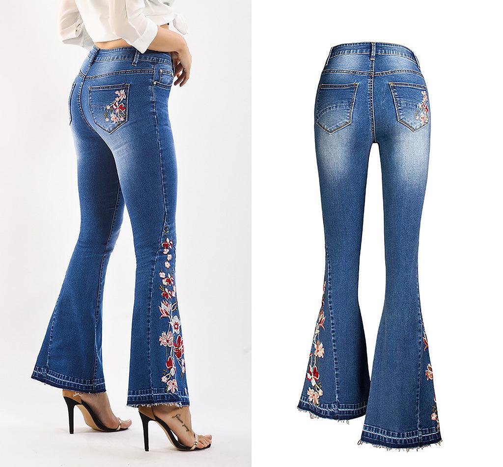 Flared Leg Embroidered Denim Jeans | Cowgirl Style with a Floral Touch, featuring floral embroidery on flared hem, classic cowgirl style.