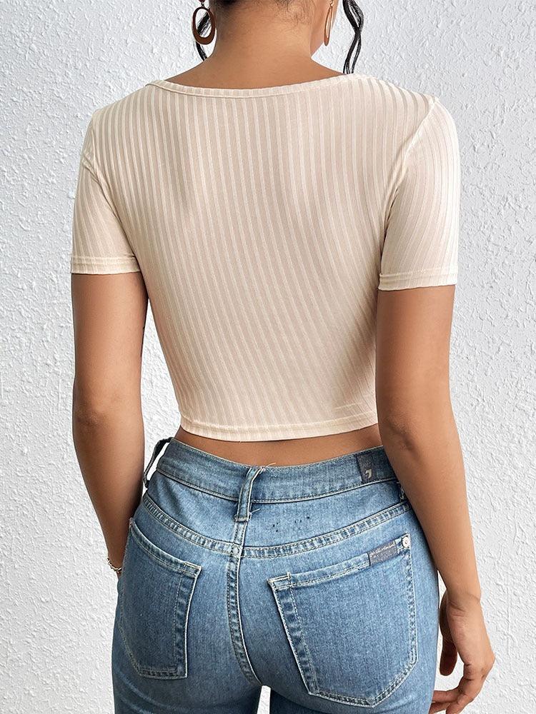 Silky Textured Crop Top – Chic Asymmetrical Collar Top for Casual & Formal Wear in soft apricot shade, back view.