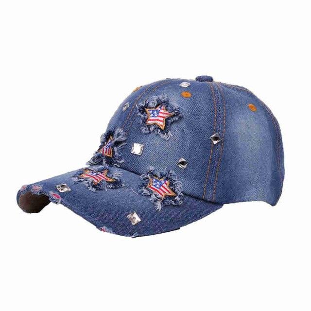 American Flag Distressed Denim Baseball Cap with rhinestone embellishments and star embroidery.