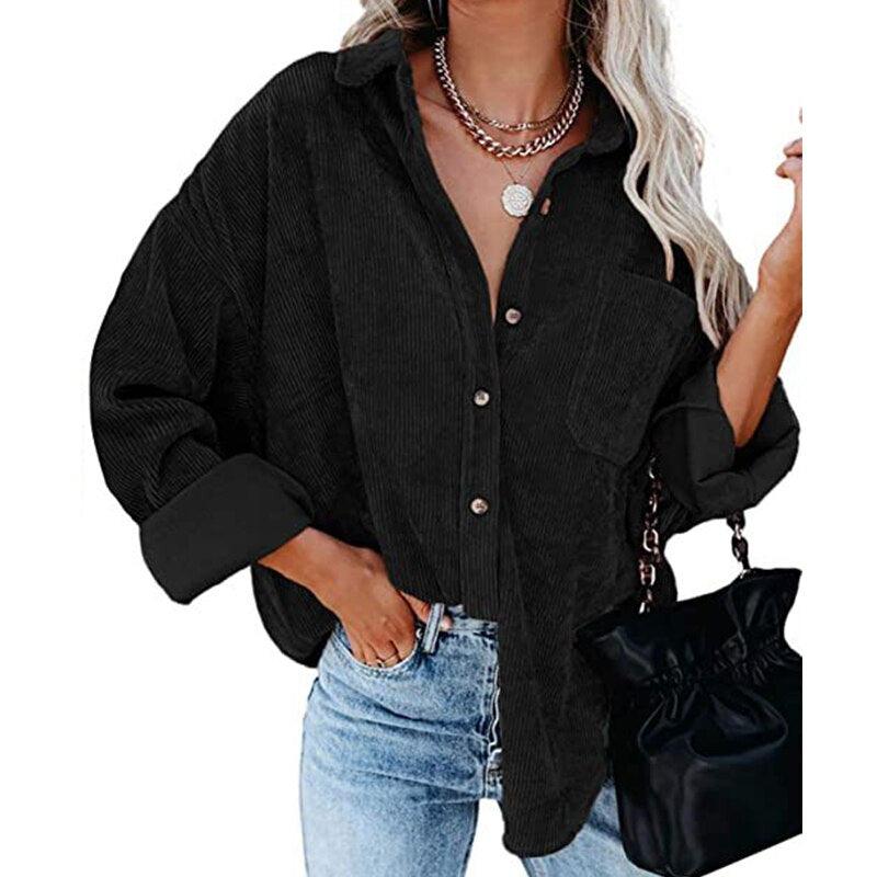 Corduroy Country Chic Shirt – Stylish Single-Breasted Cowgirl Shirt in black, perfect for a relaxed and fashionable cowgirl look.