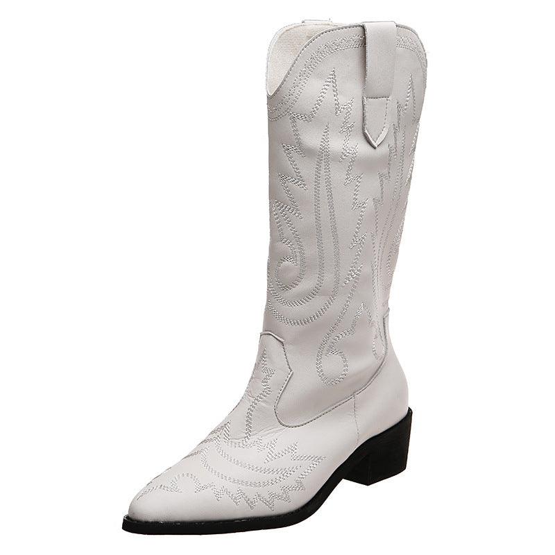 Classic Cowboy Boots for Women with detailed white stitching and medium tube height.