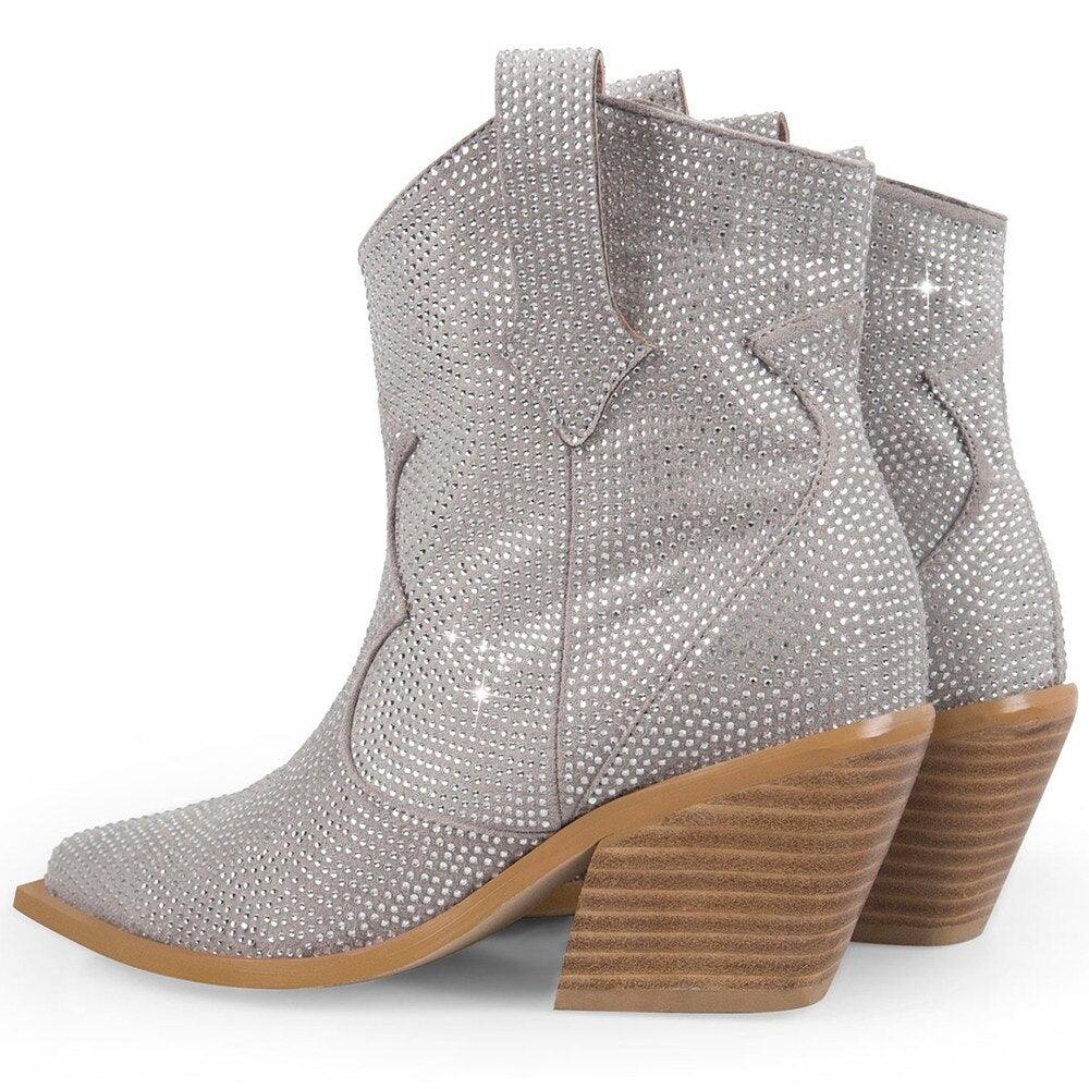Women’s Rhinestone Encrusted Bootie Style Cowboy Boots with mid-height wooden heel, featuring a sparkling rhinestone design on simulated leather