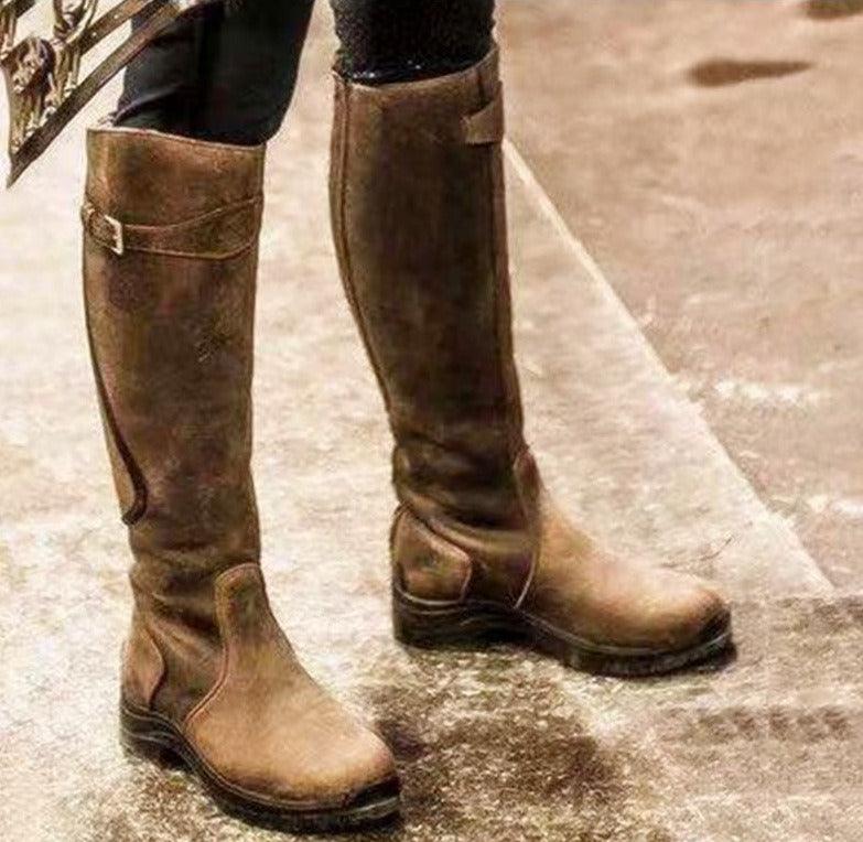 Vintage Ride Leather Boots - Stylish Retro Riding Boots for Trendy Women in Distressed Tan