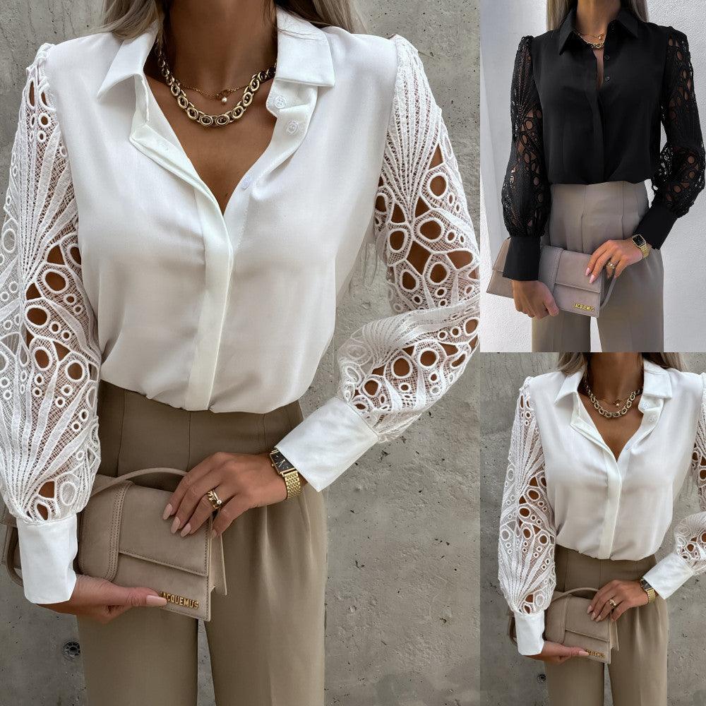 Luxe Lace Button-Up Top - Elegant Cotton Blouse with Lace Details in white and black with embroidered sleeves, professional style.