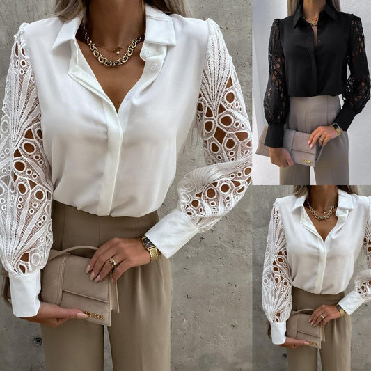 Luxe Lace Button-Up Top - Elegant Cotton Blouse with Lace Details in white and black with embroidered sleeves, professional style.