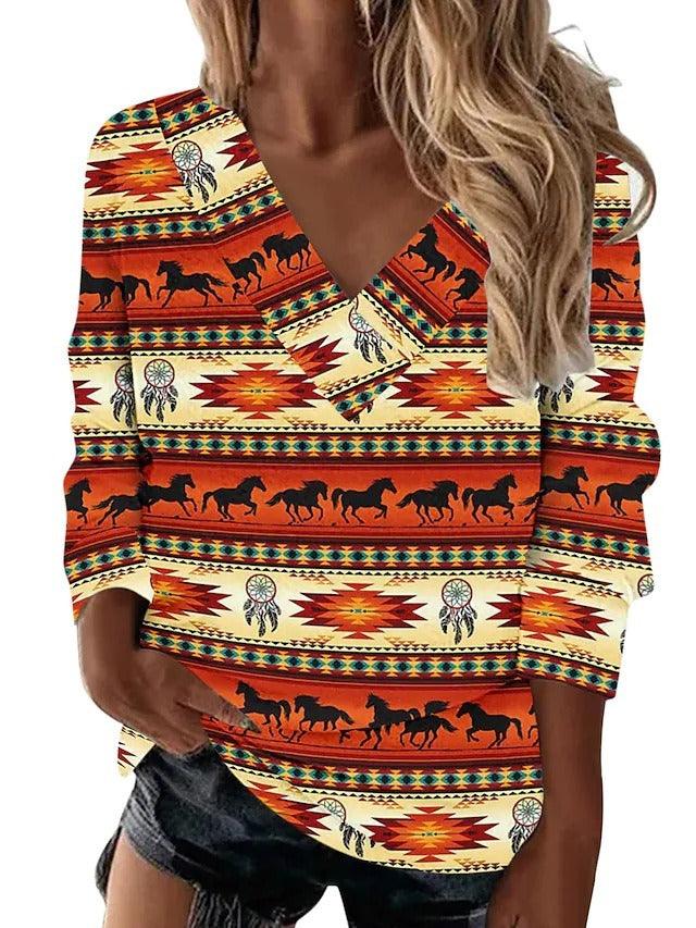 Boho Western V-Neck Long Sleeved Top – Stylish Cowgirl Fashion with Geometric Patterns featuring vibrant colors and horse motifs.