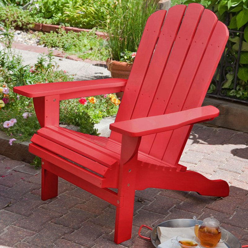 Outdoor Weather Resistant Eucalyptus Wood Adirondack Chair in Red Finish on patio