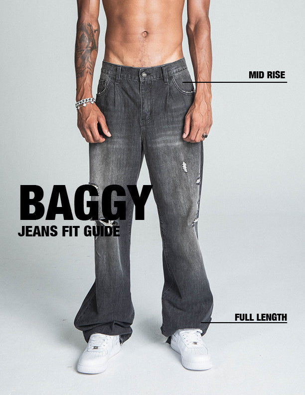Model wearing AJ09B-2 BLACK DISTRESSED BAGGY JEANS with mid-rise waist, full length, and faded details.