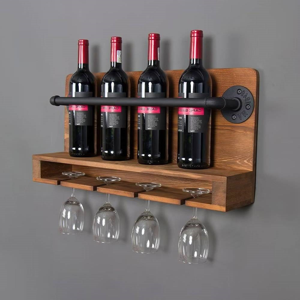 4 Bottle Rustic Farmhouse Wall Mounted Wine Rack with Glass Holder displaying wine bottles and glasses.