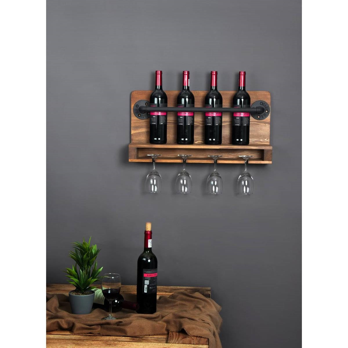 4 Bottle Rustic Farmhouse Wall Mounted Wine Rack with Glass Holder featuring wine bottles and glasses, creating chic storage space.