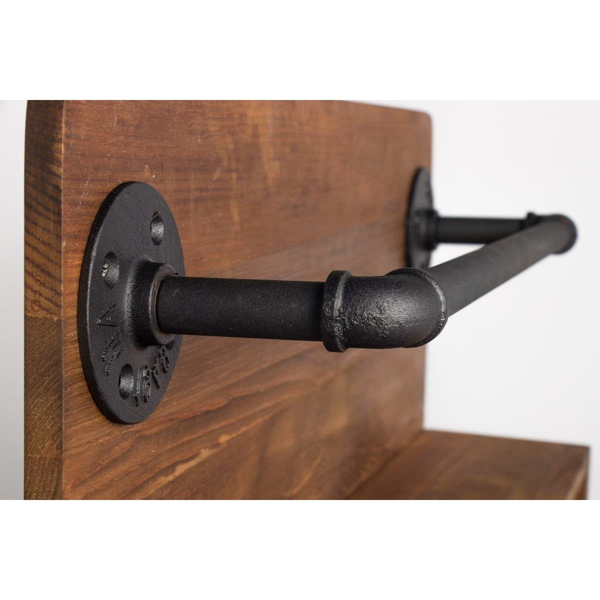 Detailed view of the 4 Bottle Rustic Farmhouse Wall Mounted Wine Rack with Glass Holder showing black metal brackets and wooden shelf.