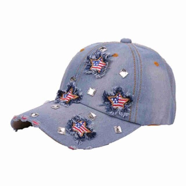 American Flag Distressed Denim Baseball Cap with star embroidery and rhinestones