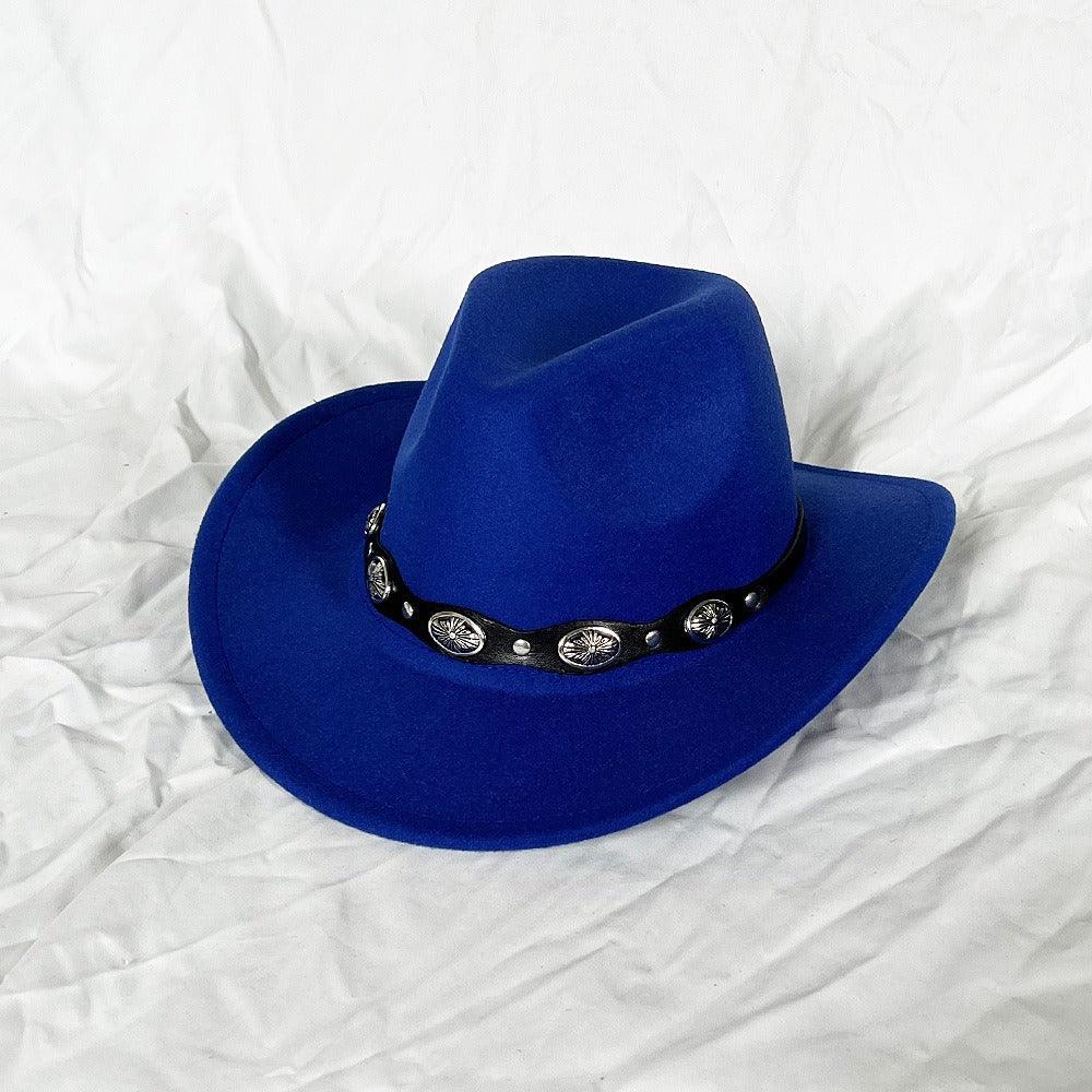 The Outlaw Western Cowboy Hat - Classic Bell Shaped Design, Durable and Stylish for All Seasons, blue with decorative band on white background