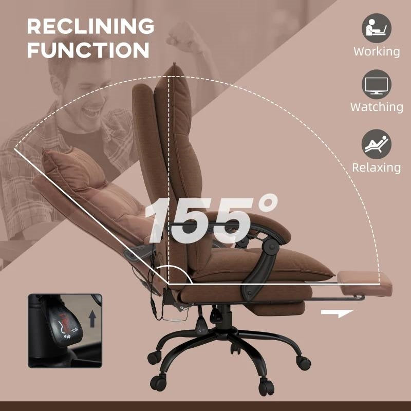 Double Padded Executive Massage Heated Office Chair Brown featuring 155-degree reclining function for working, watching, relaxing.