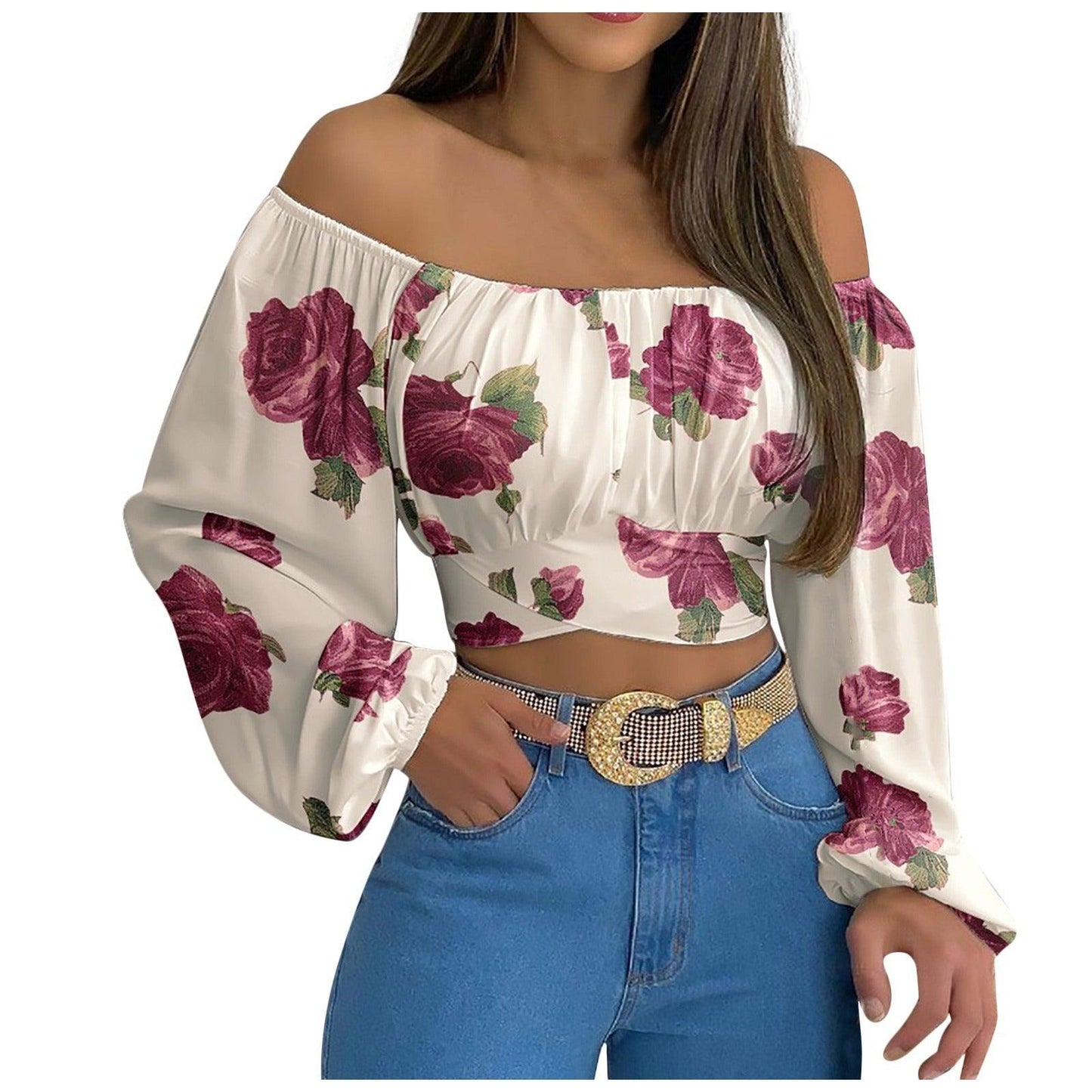Woman wearing Off Shoulder Cross Tie Long Sleeve Top | Sexy & Trendy Cowgirl Look with floral pattern and jeans.