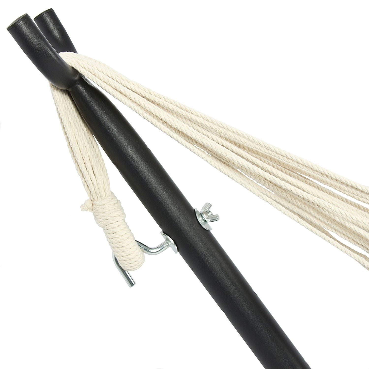 Close-up of Portable Cotton Hammock in Desert Strip with Metal Stand and Carry Case showing sturdy steel frame and durable rope design