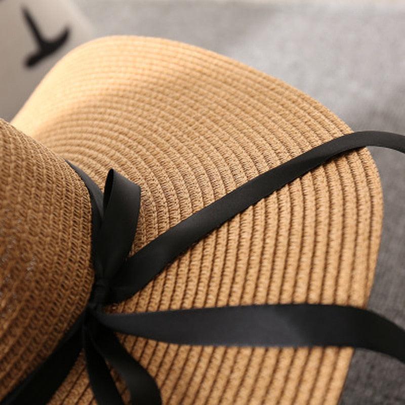 La Dolce Vita Straw Hat - Stylish Italian Summer Sun Hat with Ribbon Tie in wheat straw and black ribbon detail