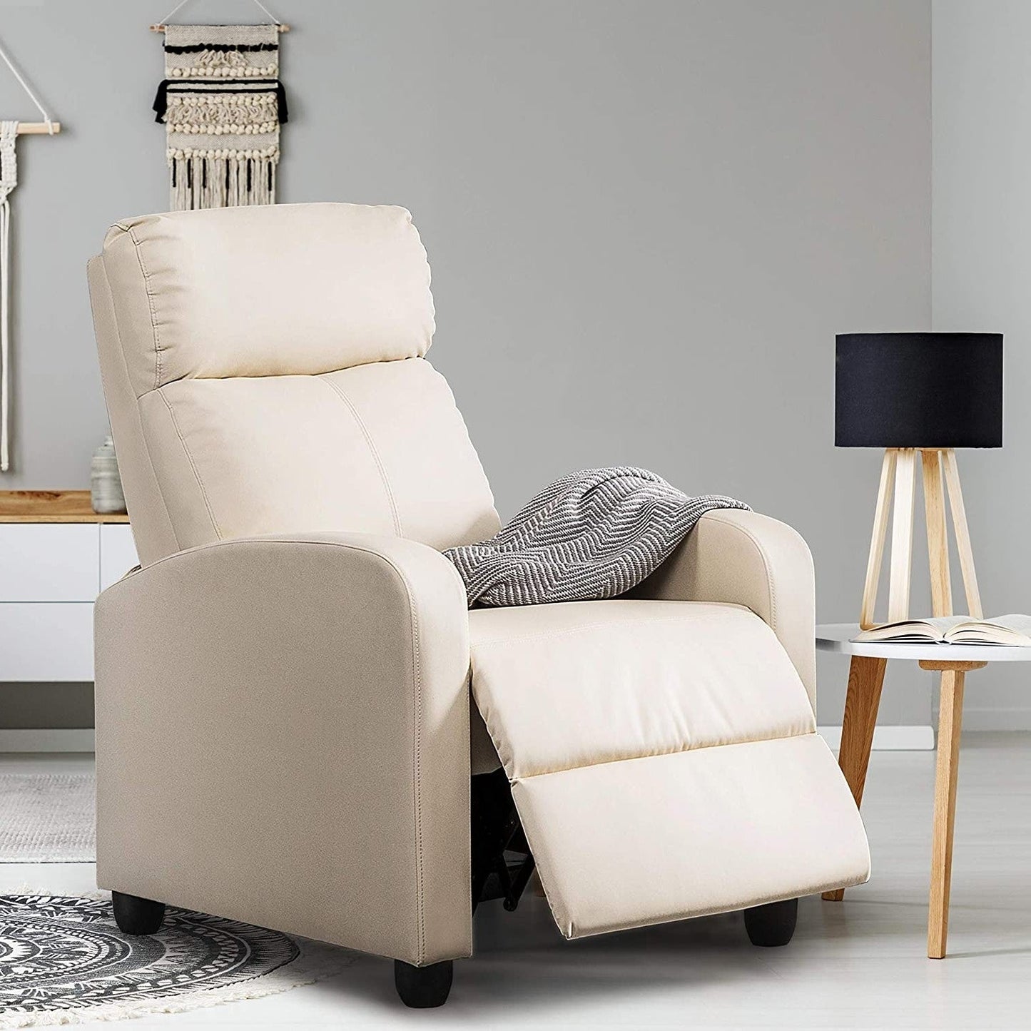 Off White High-Density Faux Leather Push Back Recliner Chair in modern living room setting