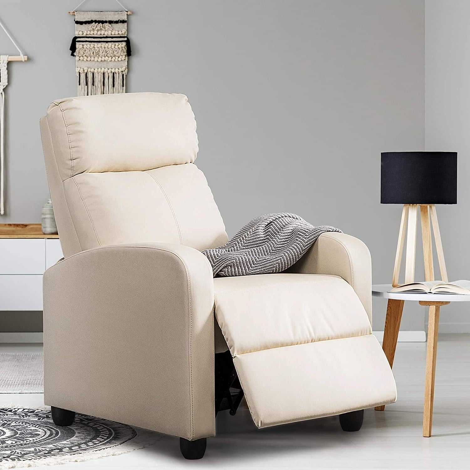 Off White High-Density Faux Leather Push Back Recliner Chair in modern living room setting