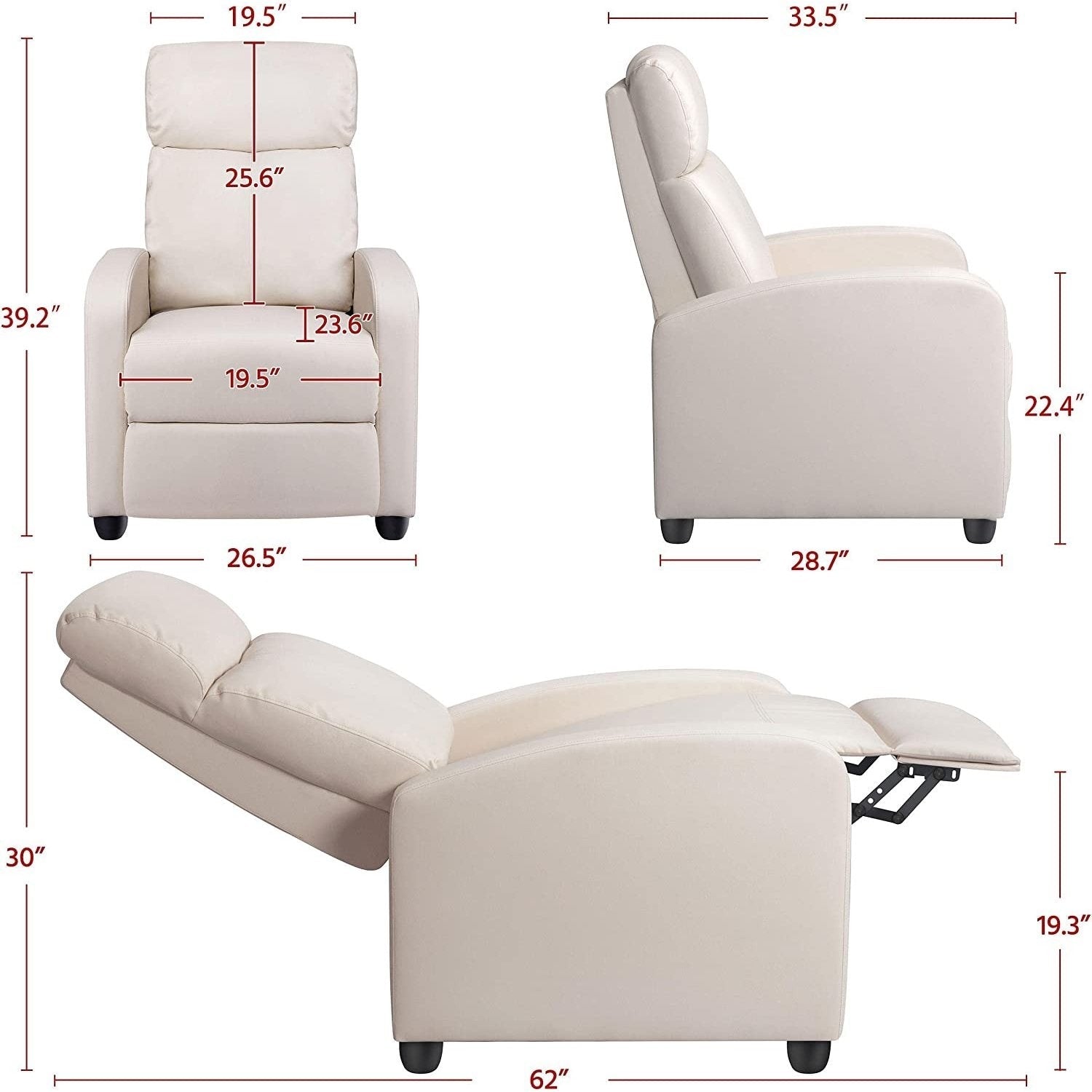 Dimensions of the Off White High-Density Faux Leather Push Back Recliner Chair, showing upright and fully reclined positions.