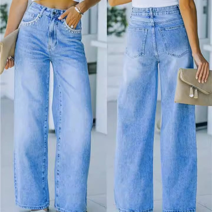 Front and back view of Ava Petal Pocket Wide-Leg Denim Jeans in light blue wash with wide-leg style and petal pocket details.