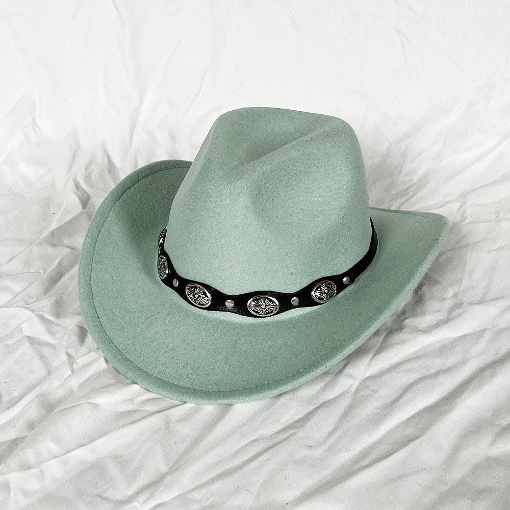The Outlaw Western Cowboy Hat - Classic Bell Shaped Design, Durable and Stylish for All Seasons, light green with decorative band.