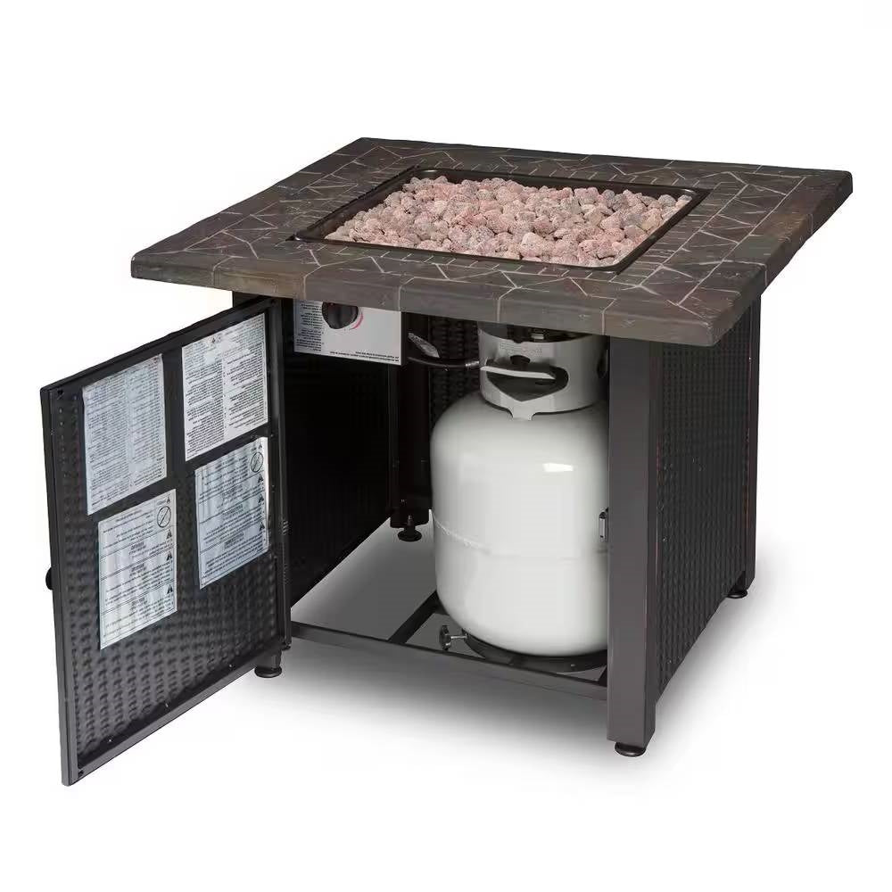 30-inch Outdoor Bronze LP Propane Gas Fire Pit with Lava Rocks and Cover, open base revealing concealed propane tank