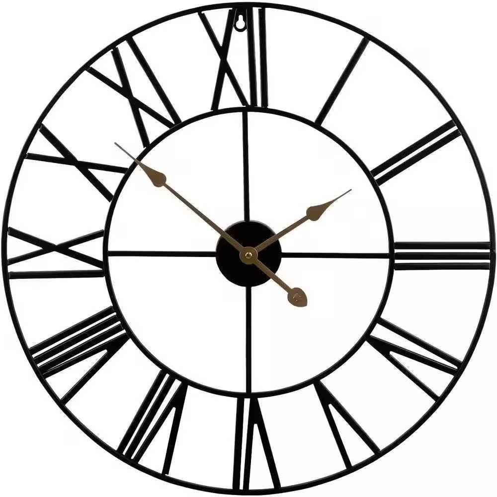 Round 24-inch Black Metal Roman Numeral Wall Clock with Gold Hands featuring sturdy iron construction and large numerals.