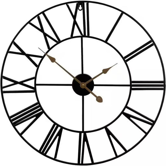 Round 24-inch Black Metal Roman Numeral Wall Clock with Gold Hands featuring sturdy iron construction and large numerals.