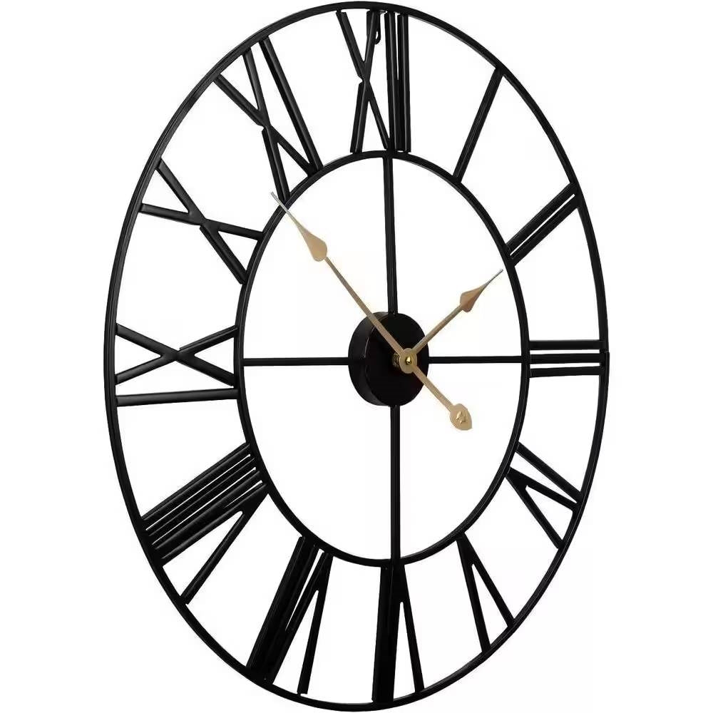 Round 24-inch Black Metal Roman Numeral Wall Clock with Gold Hands featuring large numerals and brushed finish design.