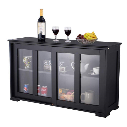 Black Sideboard Buffet Dining Storage Cabinet with 2 Glass Sliding Doors showcasing interior shelves with kitchen items
