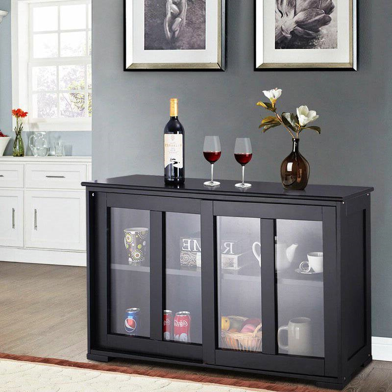 Black Sideboard Buffet Dining Storage Cabinet with 2 Glass Sliding Doors in modern kitchen setting