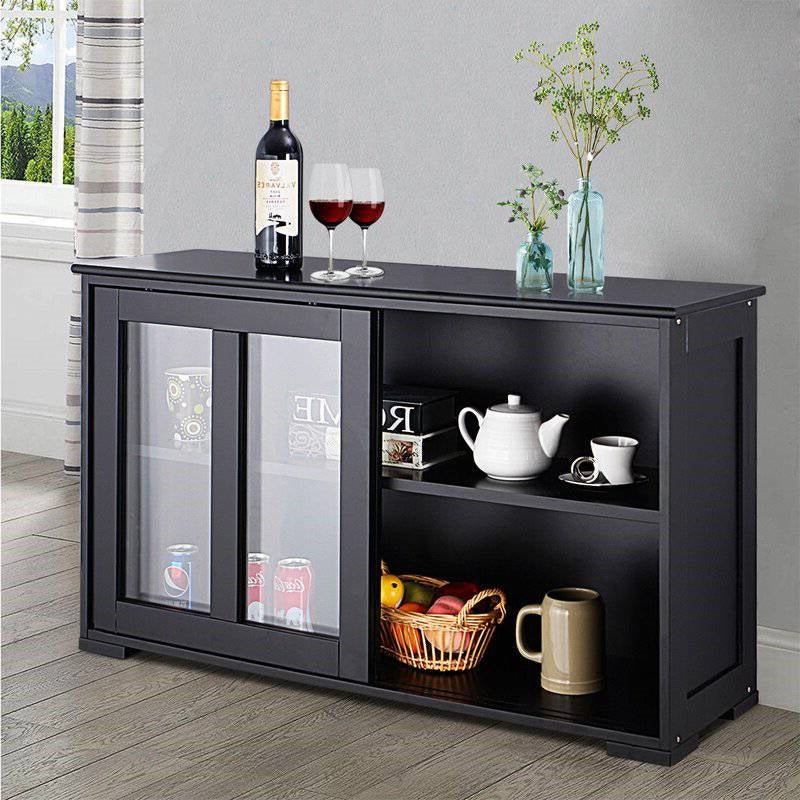 Black Sideboard Buffet Dining Storage Cabinet with 2 Glass Sliding Doors, showcasing beverages and decor in a dining room setting.