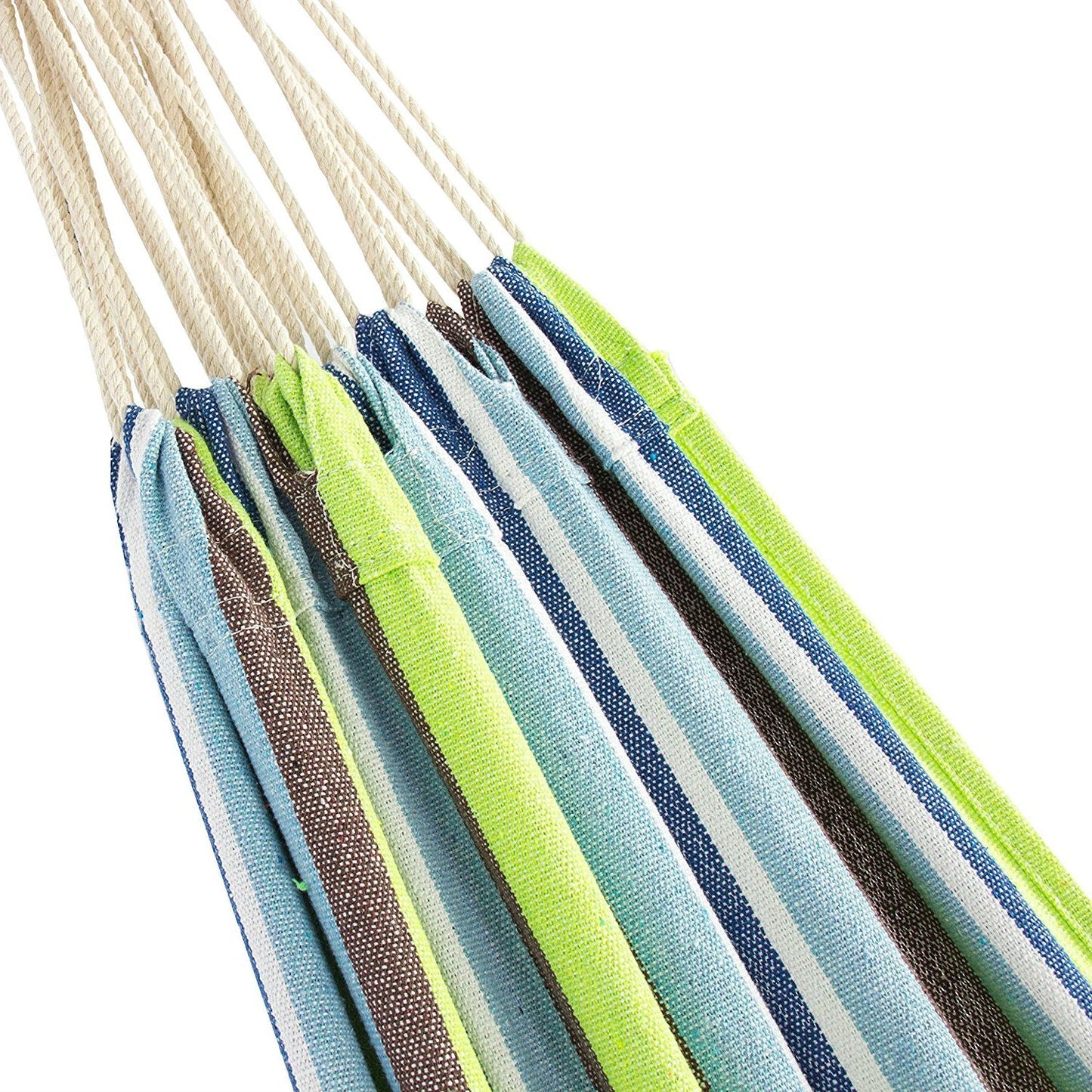 Close-up of fabric design on Portable Blue Green Stripe Cotton Hammock with Metal Stand and Carry Case.