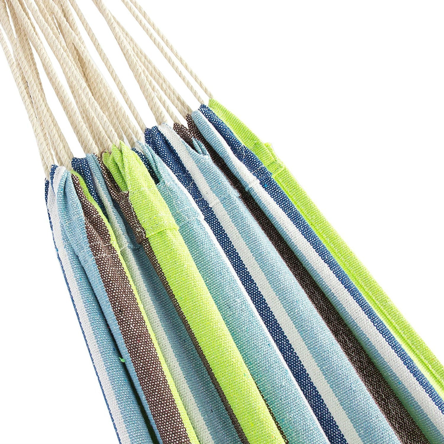 Close-up of fabric design on Portable Blue Green Stripe Cotton Hammock with Metal Stand and Carry Case.