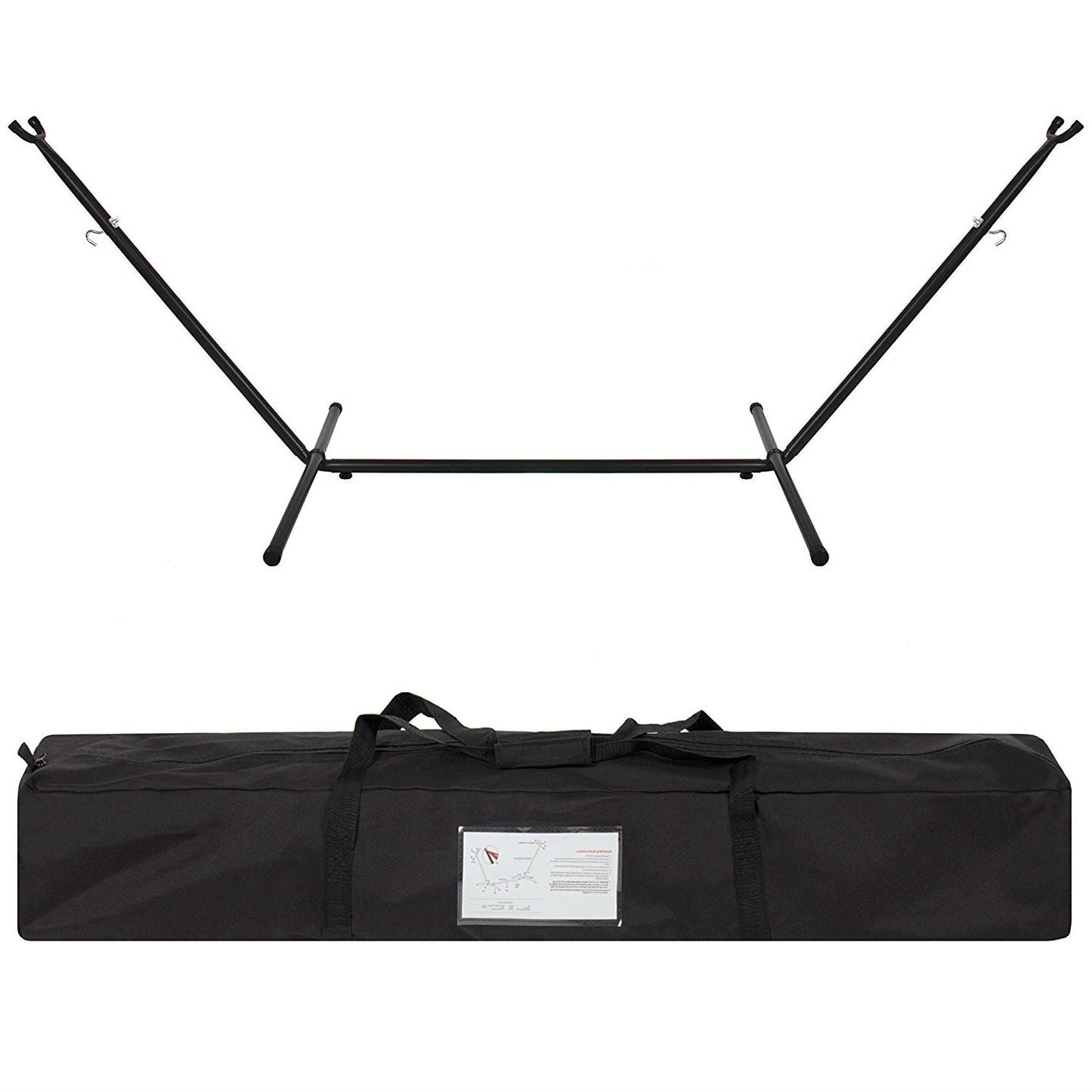Portable Blue Green Stripe Cotton Hammock with Metal Stand and Carry Case, showing metal stand and carry bag.