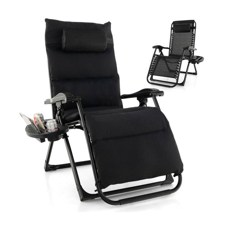 Black Zero Gravity Adjustable Lounge Chair with Removable Cushion and Cup Holder Tray