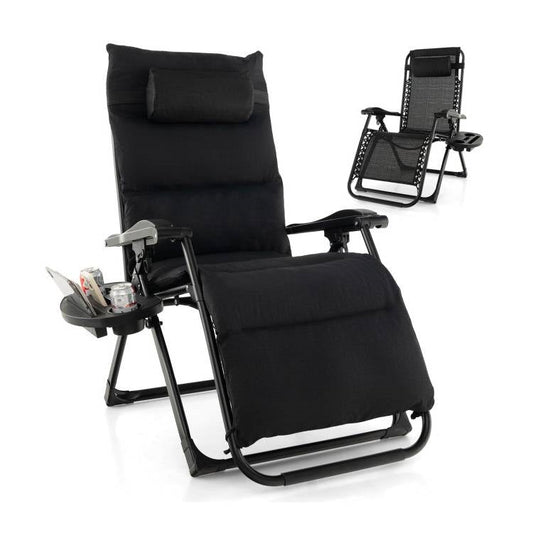 Black Zero Gravity Adjustable Lounge Chair with Removable Cushion and Cup Holder Tray