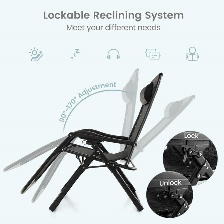 Black Zero Gravity Adjustable Lounge Chair with lockable reclining system and removable cushion, showing various reclining angles.