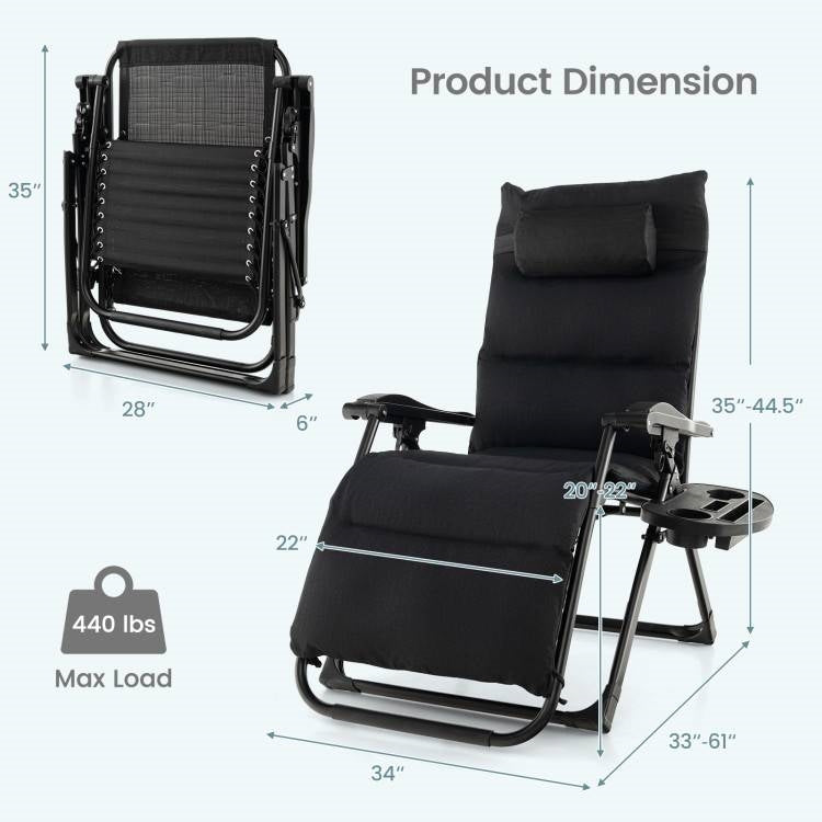 Black Zero Gravity Adjustable Lounge Chair Removable Cushion Cup Holder Tray dimensions and features