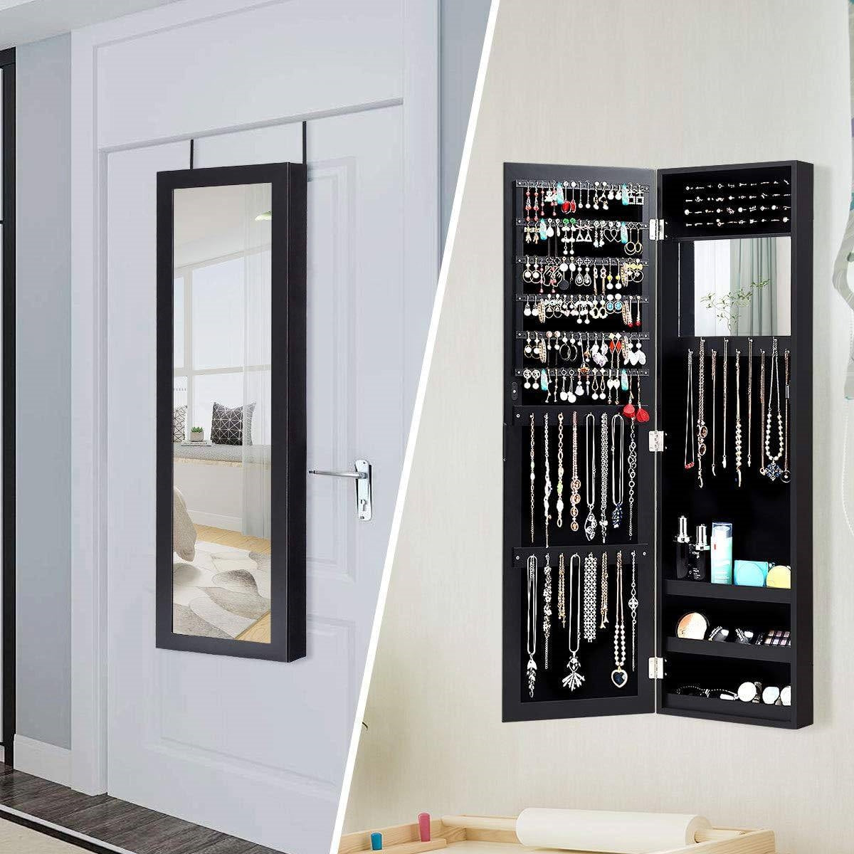 2-in-1 Black Wall or Door Mounted Jewelry Organizer Full Length Mirror showcasing earring shelves and accessories.