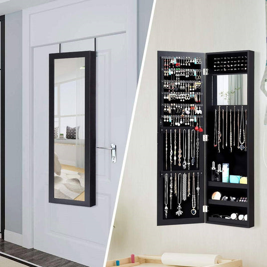 2-in-1 Black Wall or Door Mounted Jewelry Organizer Full Length Mirror showcasing earring shelves and accessories.