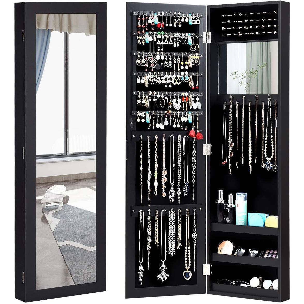 2-in-1 Black Wall or Door Mounted Jewelry Organizer Full Length Mirror with adjustable height and multiple shelves for earrings and necklaces.