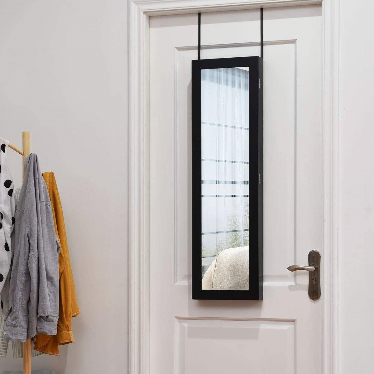 2-in-1 Black Wall or Door Mounted Jewelry Organizer Full Length Mirror hanging on a white door.