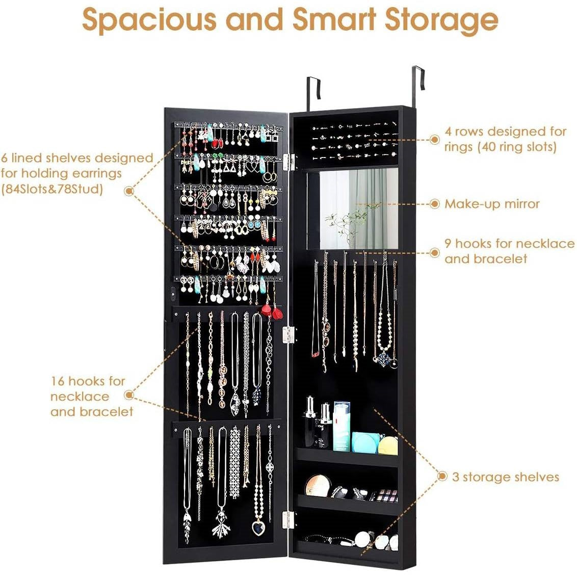 2-in-1 Black Wall or Door Mounted Jewelry Organizer Full Length Mirror with earring shelves, ring slots, and necklace hooks