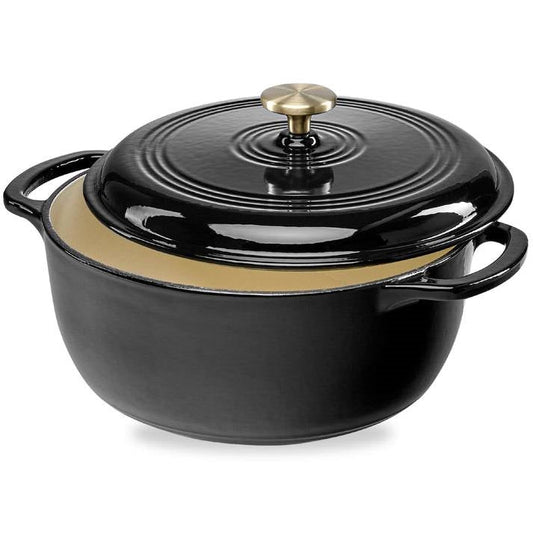 6 Quart Large Black Enamel Cast-Iron Dutch Oven Kitchen Cookware with lid, ideal for casseroles, soups, and roasts.