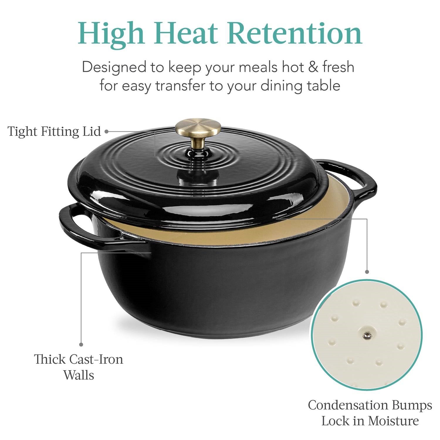 6 Quart Large Black Enamel Cast-Iron Dutch Oven Kitchen Cookware with tight-fitting lid and condensation bumps for moisture retention.